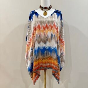 Chico’s Satin Caftan Poncho Style Drape Top S/M Boho Chic Ikat Style Print